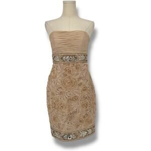 Y2K Sue Wong Nocturne Cream Rose Embellished Silk Strapless Cocktail Dress, Sz 6